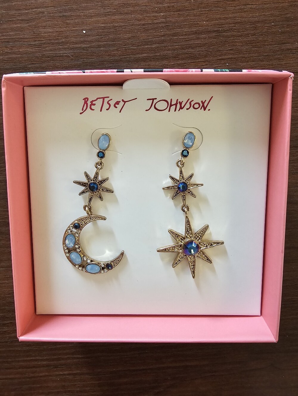 Betsey Johnson Gold-Tone Moon & Star Mismatch Drop Earrings with Blue Accents